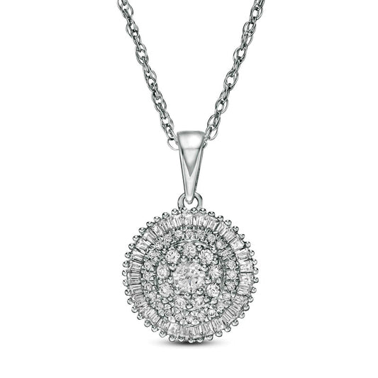 0.5 CT. T.W. Baguette and Round Natural Diamond Triple Frame Circle Pendant in 10K White Gold