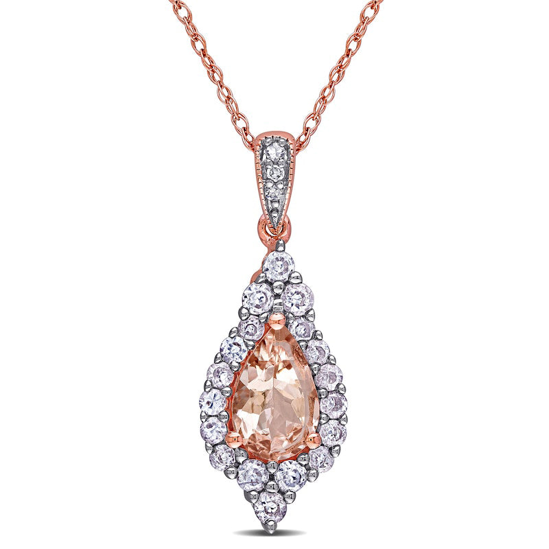 Pear-Shaped Morganite, White Sapphire and Natural Diamond Accent Frame Pendant in 10K Rose Gold - 17