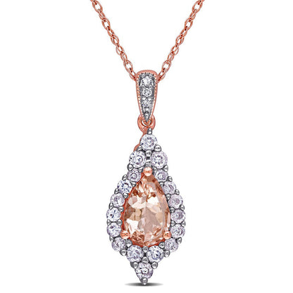 Pear-Shaped Morganite, White Sapphire and Natural Diamond Accent Frame Pendant in 10K Rose Gold - 17