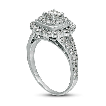 1.5 CT. T.W. Princess-Cut Natural Diamond Scallop Frame Antique Vintage-Style Engagement Ring in Solid 14K White Gold