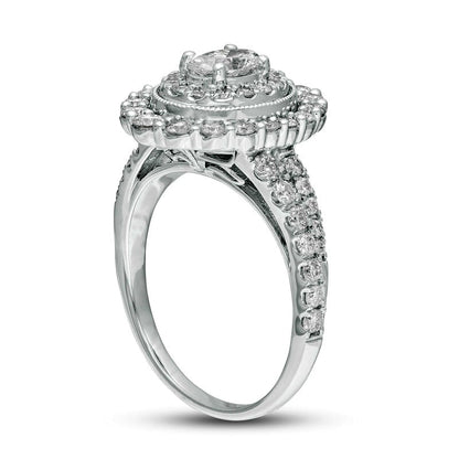 1.5 CT. T.W. Oval Natural Diamond Double Frame Antique Vintage-Style Engagement Ring in Solid 14K White Gold