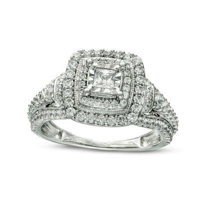 1.0 CT. T.W. Princess-Cut Natural Diamond Double Frame Antique Vintage-Style Engagement Ring in Solid 14K White Gold