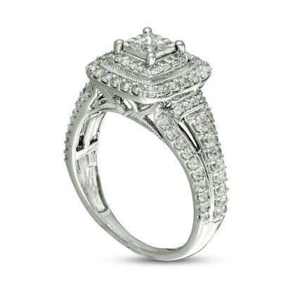 1.0 CT. T.W. Princess-Cut Natural Diamond Double Frame Antique Vintage-Style Engagement Ring in Solid 14K White Gold