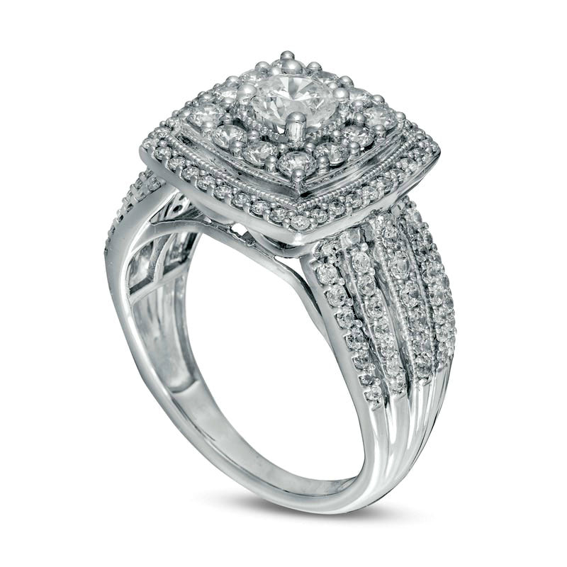 1.5 CT. T.W. Natural Diamond Double Cushion Frame Multi-Row Engagement Ring in Solid 14K White Gold
