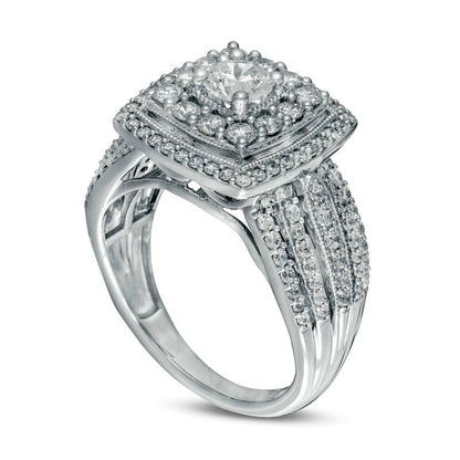 1.5 CT. T.W. Natural Diamond Double Cushion Frame Multi-Row Engagement Ring in Solid 14K White Gold