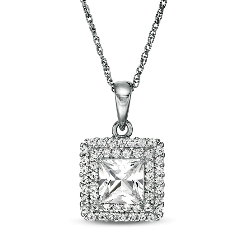 6.0mm Princess-Cut Lab-Created White Sapphire Double Frame Pendant in Sterling Silver
