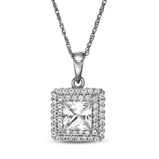 6.0mm Princess-Cut Lab-Created White Sapphire Double Frame Pendant in Sterling Silver