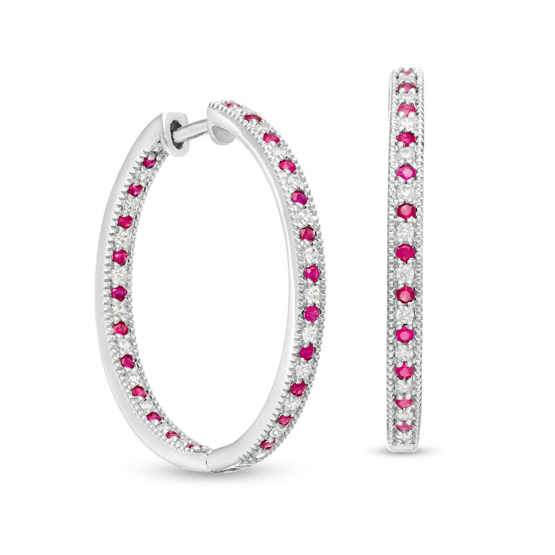 Alternating Ruby and 0.38 CT. T.W. Diamond Inside-Out Hoop Earrings in 10K White Gold