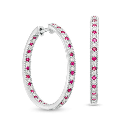Alternating Ruby and 0.38 CT. T.W. Diamond Inside-Out Hoop Earrings in 10K White Gold