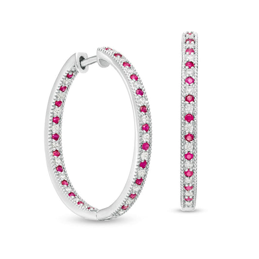 Alternating Ruby and 0.38 CT. T.W. Diamond Inside-Out Hoop Earrings in 10K White Gold