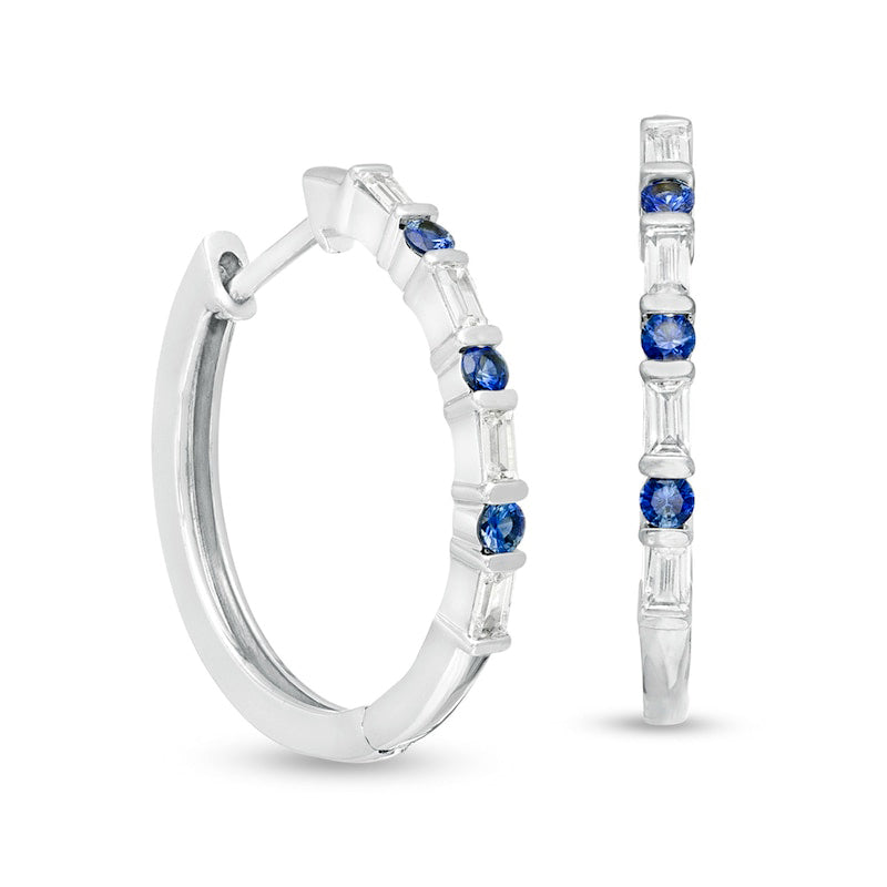 Alternating Blue Sapphire and 0.33 CT. T.W. Baguette Diamond Hoop Earrings in 10K White Gold