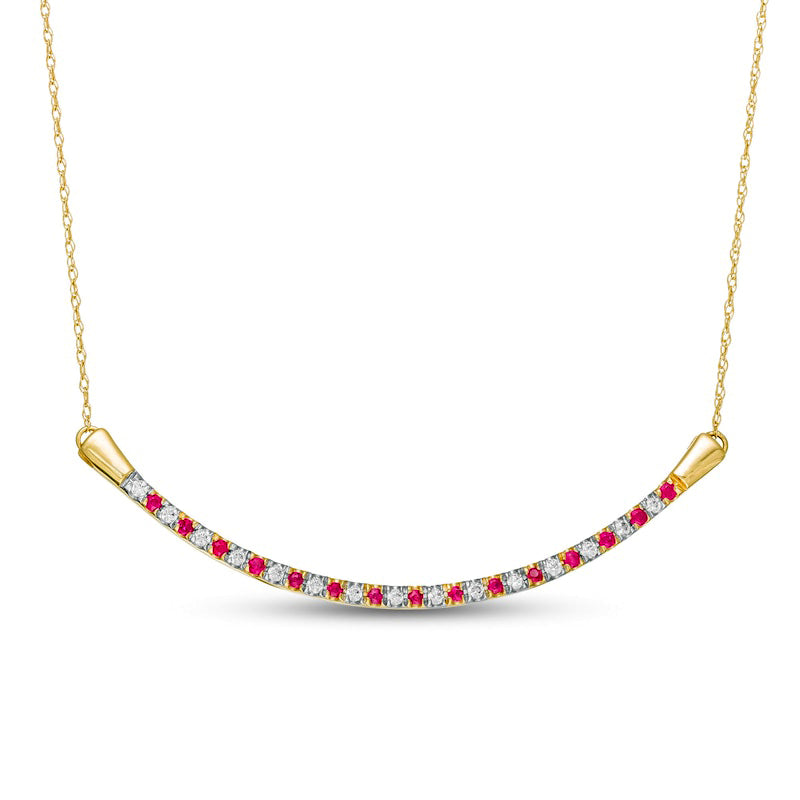 Alternating Ruby and 0.13 CT. T.W. Natural Diamond Curved Bar Necklace in 10K Yellow Gold