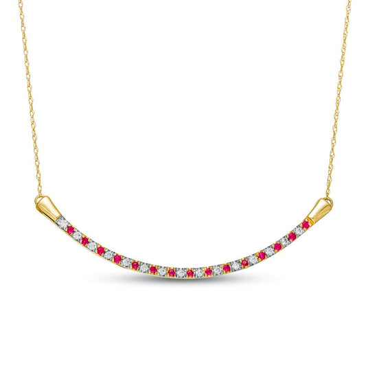 Alternating Ruby and 0.13 CT. T.W. Natural Diamond Curved Bar Necklace in 10K Yellow Gold