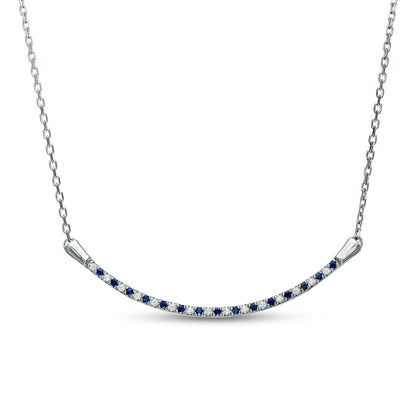 Alternating Blue Sapphire and 0.07 CT. T.W. Natural Diamond Curved Bar Necklace in 10K White Gold