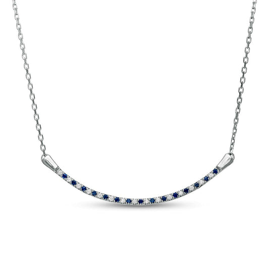 Alternating Blue Sapphire and 0.07 CT. T.W. Natural Diamond Curved Bar Necklace in 10K White Gold