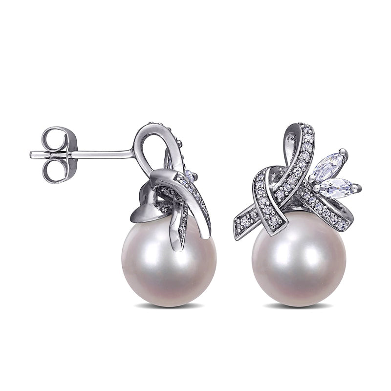 Cultured Freshwater Pearl, Marquise White Topaz and 0.17 CT. T.W. Diamond Tied Ribbon Drop Earrings in 10K White Gold