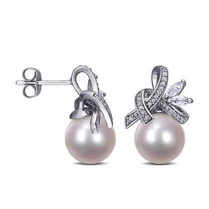 Cultured Freshwater Pearl, Marquise White Topaz and 0.17 CT. T.W. Diamond Tied Ribbon Drop Earrings in 10K White Gold
