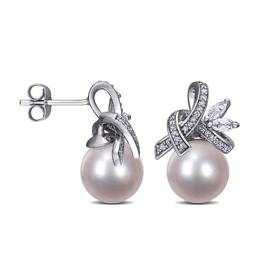 Cultured Freshwater Pearl, Marquise White Topaz and 0.17 CT. T.W. Diamond Tied Ribbon Drop Earrings in 10K White Gold