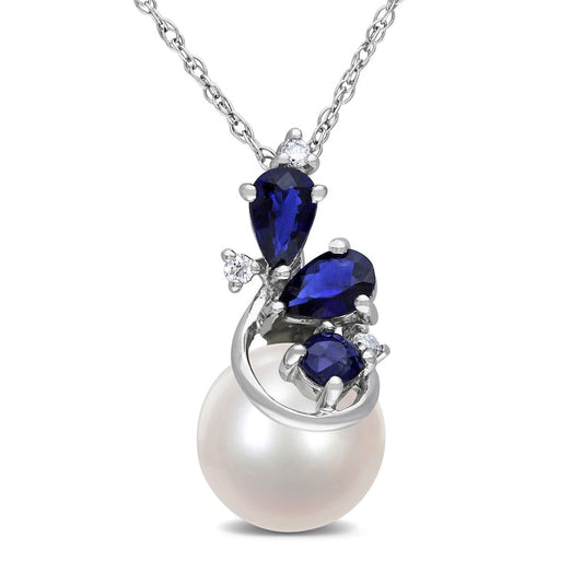 8.5-9.0mm Cultured Freshwater Pearl, Blue Sapphire and Natural Diamond Accent Pendant in 10K White Gold - 17
