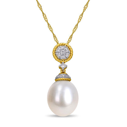 10.0-10.5mm Baroque Cultured Freshwater Pearl and 0.17 CT. T.W. Natural Diamond Rope Drop Pendant in 14K Gold - 17.5