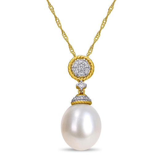 10.0-10.5mm Baroque Cultured Freshwater Pearl and 0.17 CT. T.W. Natural Diamond Rope Drop Pendant in 14K Gold - 17.5