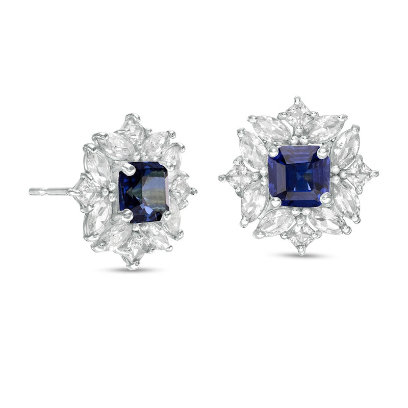 4.0mm Princess-Cut Lab-Created Blue and White Sapphire Ornate Frame Stud Earrings in 10K White Gold