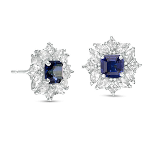 4.0mm Princess-Cut Lab-Created Blue and White Sapphire Ornate Frame Stud Earrings in 10K White Gold