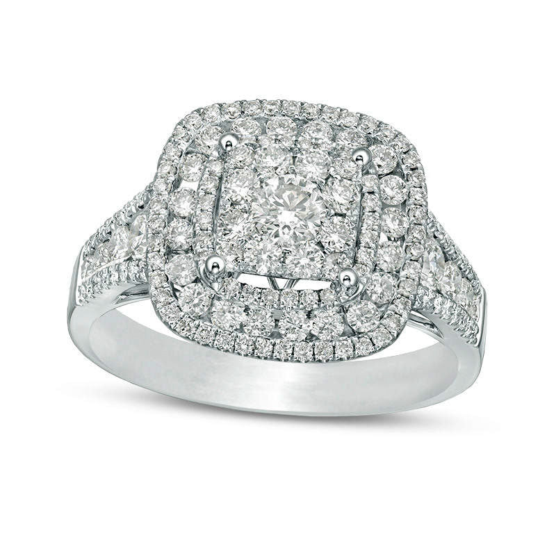 1.13 CT. T.W. Natural Diamond Double Cushion Frame Engagement Ring in Solid 14K White Gold