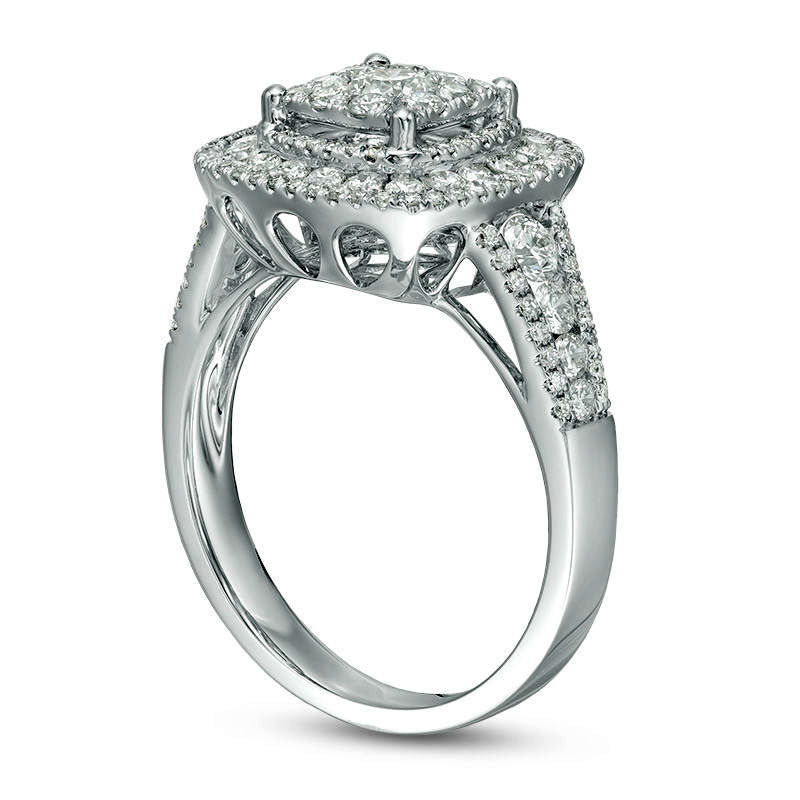 1.13 CT. T.W. Natural Diamond Double Cushion Frame Engagement Ring in Solid 14K White Gold
