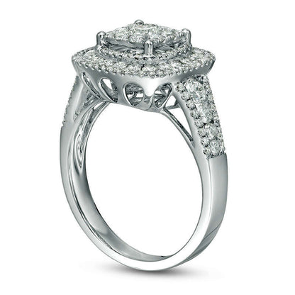 1.13 CT. T.W. Natural Diamond Double Cushion Frame Engagement Ring in Solid 14K White Gold