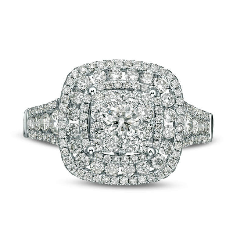 1.13 CT. T.W. Natural Diamond Double Cushion Frame Engagement Ring in Solid 14K White Gold