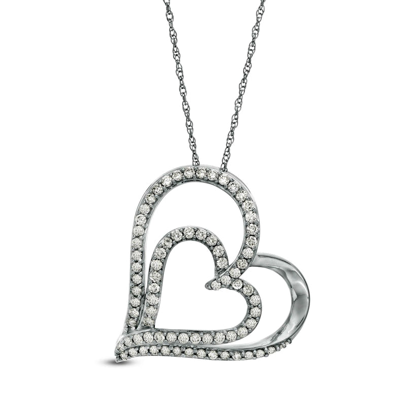 0.5 CT. T.W. Natural Diamond Double Tilted Heart Pendant in 10K White Gold
