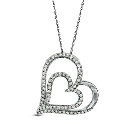 0.5 CT. T.W. Natural Diamond Double Tilted Heart Pendant in 10K White Gold