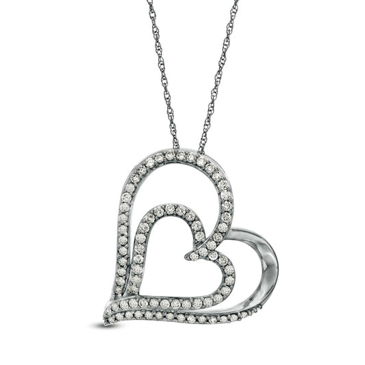0.5 CT. T.W. Natural Diamond Double Tilted Heart Pendant in 10K White Gold