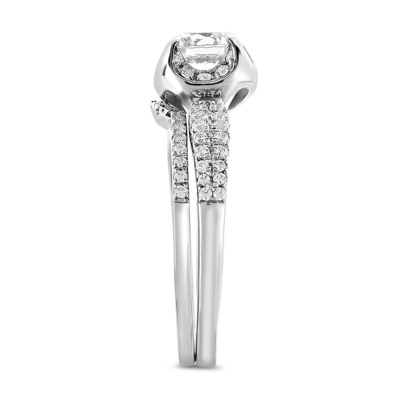 0.75 CT. T.W. Natural Diamond Cushion Frame Double Row Bridal Engagement Ring Set in Solid 14K White Gold