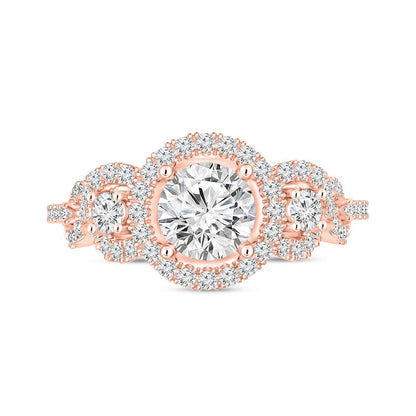 1.38 CT. T.W. Natural Diamond Three Stone Frame Engagement Ring in Solid 14K Rose Gold