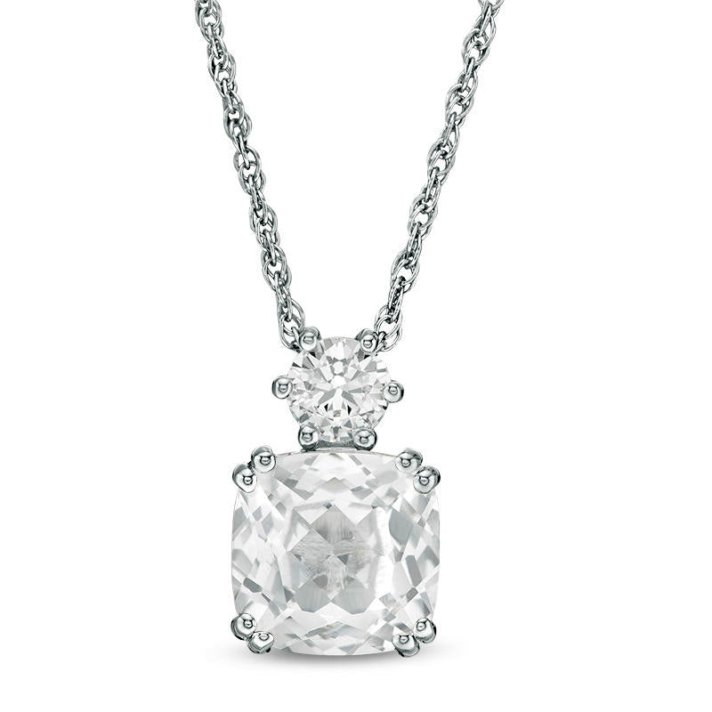 8.0mm Cushion-Cut and Round Lab-Created White Sapphire Pendant in Sterling Silver