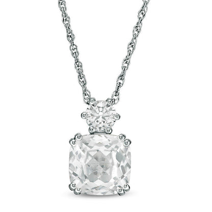 8.0mm Cushion-Cut and Round Lab-Created White Sapphire Pendant in Sterling Silver