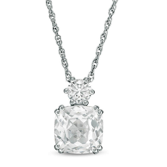 8.0mm Cushion-Cut and Round Lab-Created White Sapphire Pendant in Sterling Silver