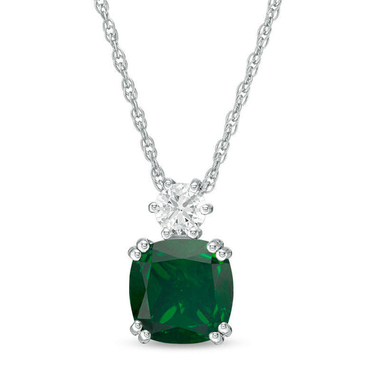 8.0mm Cushion-Cut Green Quartz Doublet and Lab-Created White Sapphire Pendant in Sterling Silver