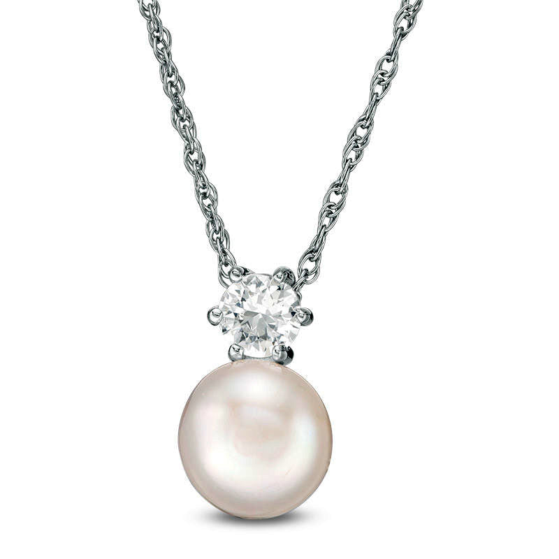 7.5-8.0mm Button Cultured Freshwater Pearl and Lab-Created White Sapphire Pendant in Sterling Silver