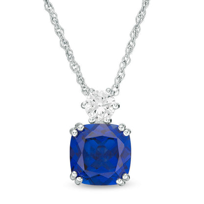 8.0mm Cushion-Cut Lab-Created Blue and White Sapphire Pendant in Sterling Silver
