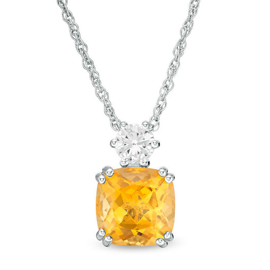 8.0mm Cushion-Cut Citrine and Lab-Created White Sapphire Pendant in Sterling Silver