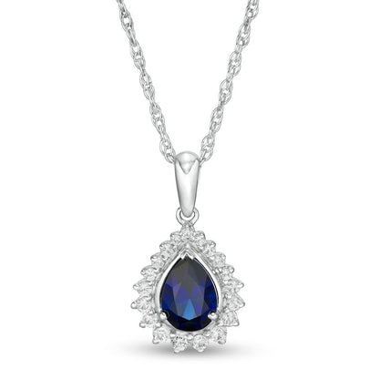 Pear-Shaped Lab-Created Blue and White Sapphire Shadow Frame Pendant in Sterling Silver