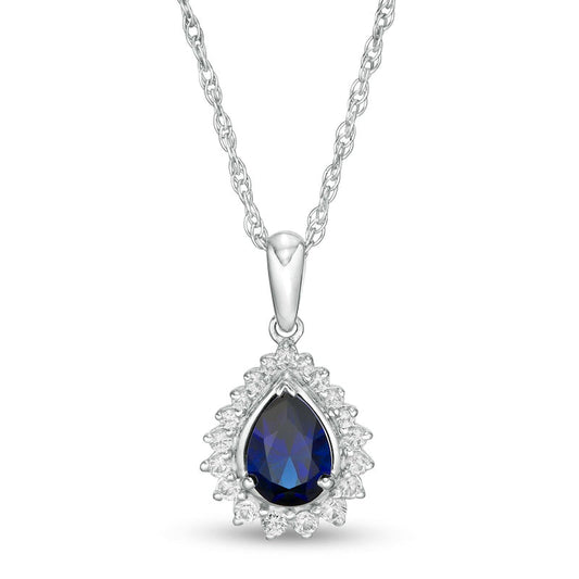 Pear-Shaped Lab-Created Blue and White Sapphire Shadow Frame Pendant in Sterling Silver