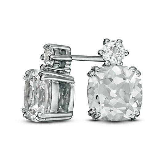 7.0mm Cushion-Cut and Round Lab-Created White Sapphire Stud Earrings in Sterling Silver