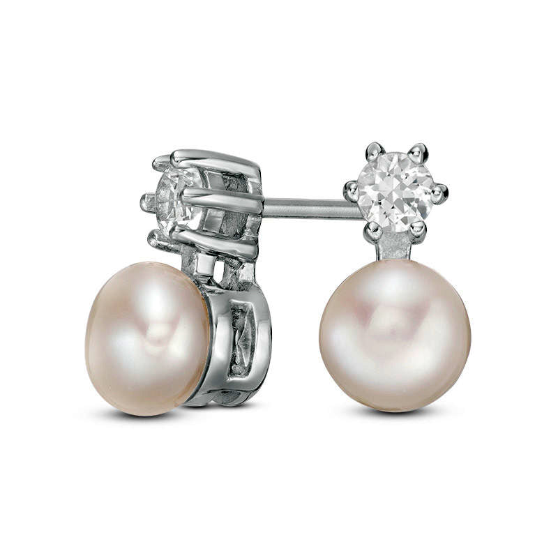6.5-7.0mm Button Cultured Freshwater Pearl and Lab-Created White Sapphire Stud Earrings in Sterling Silver