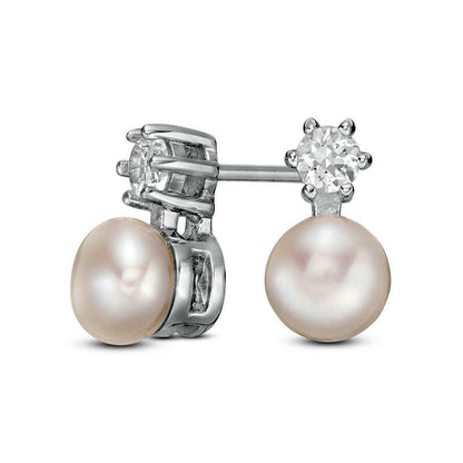 6.5-7.0mm Button Cultured Freshwater Pearl and Lab-Created White Sapphire Stud Earrings in Sterling Silver