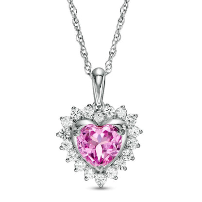 7.0mm Heart-Shaped Lab-Created Pink and White Sapphire Shadow Frame Pendant in Sterling Silver