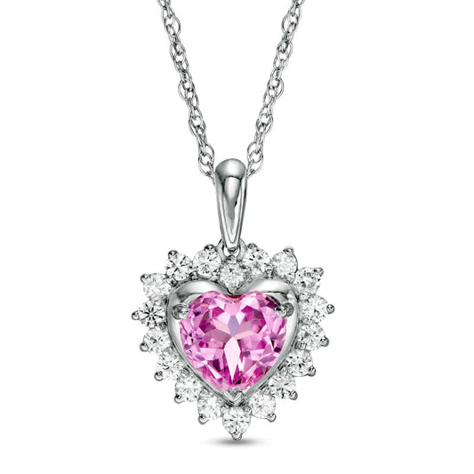 7.0mm Heart-Shaped Lab-Created Pink and White Sapphire Shadow Frame Pendant in Sterling Silver